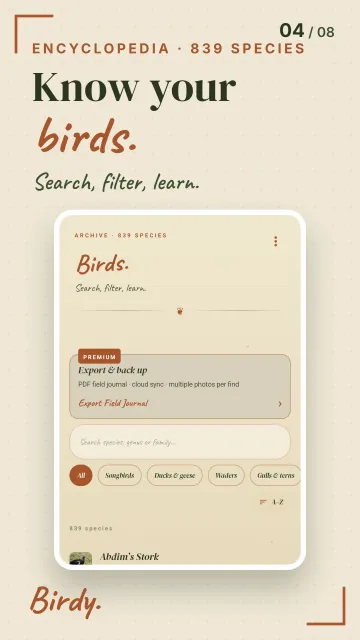 Samlingen med upptäckta arter i Birdy-appen